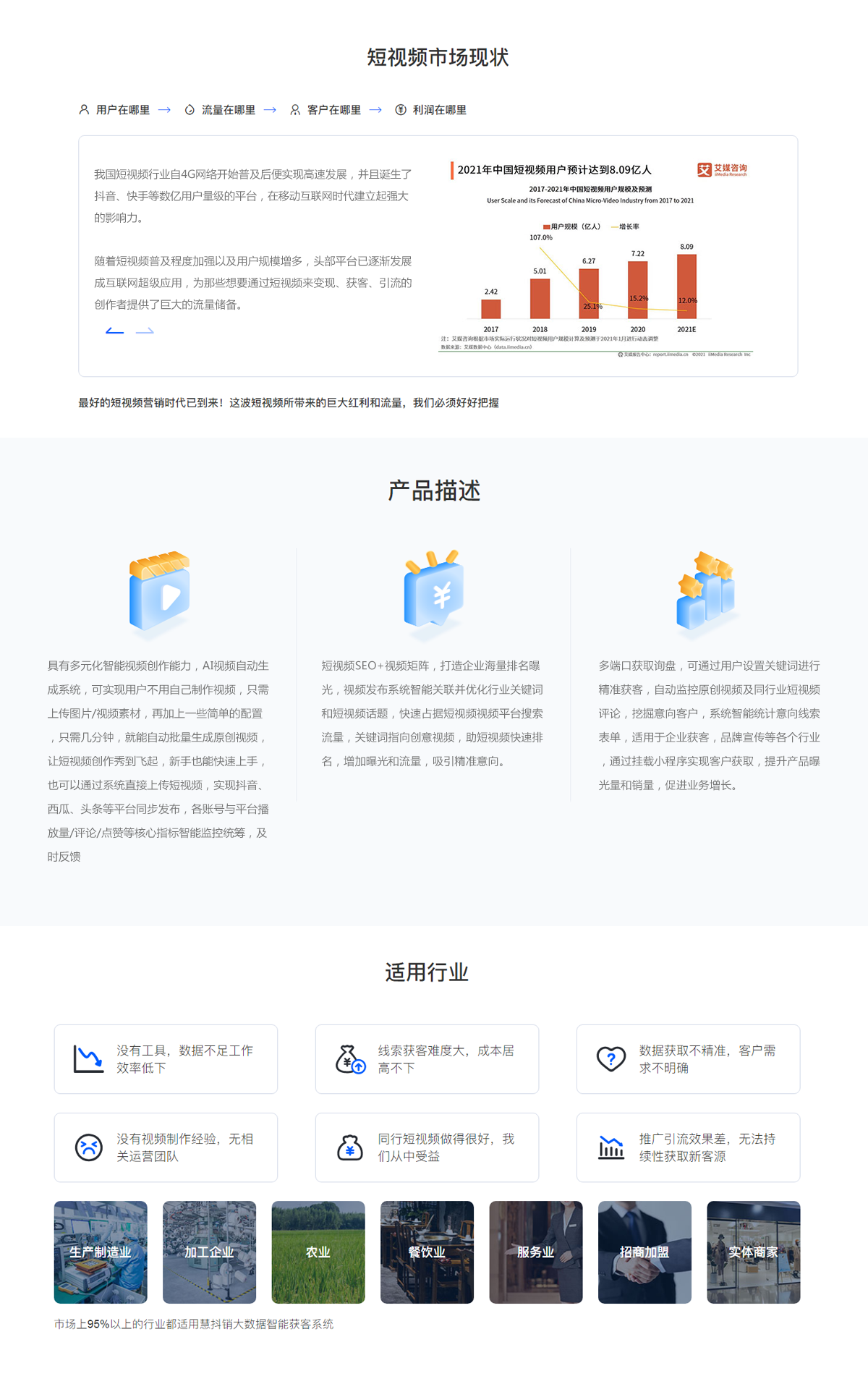 短視頻SEO+視頻矩陣，打造企業(yè)海量排名曝光，視頻發(fā)布系統(tǒng)智能關(guān)聯(lián)并優(yōu)化行業(yè)關(guān)鍵詞和短視頻話題，快速占據(jù)短視頻視頻平臺(tái)搜索流量，關(guān)鍵詞指向創(chuàng)意視頻，助短視頻快速排名，增加曝光和流量，吸引精準(zhǔn)意向。